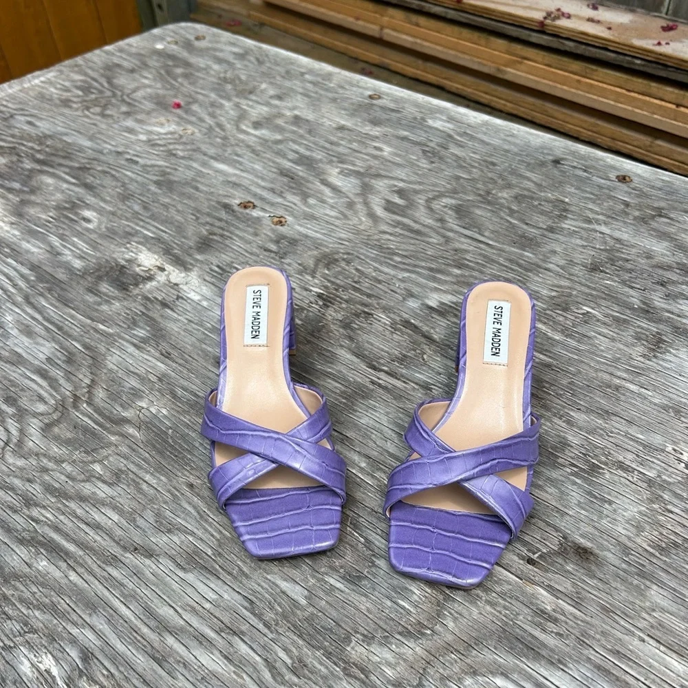 Steve Madden Women Gaia Block Heel Slide Sandals Size 6.5 Violet‎ Faux Leather